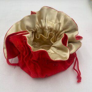 Vintage Red & Gold Embroidered Jewelry Pouch Bag Drawstring Closure
